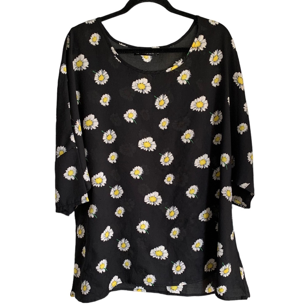 Allegra K Black Yellow Sunflowers 3/4 Sleeves Round Neck Tunic Top Women Size XL